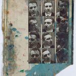Photobooth portraits of Francis Bacon, George Dyer, and David Plante, taken in Aix-en-Provence, mounted to the inside cover of a book